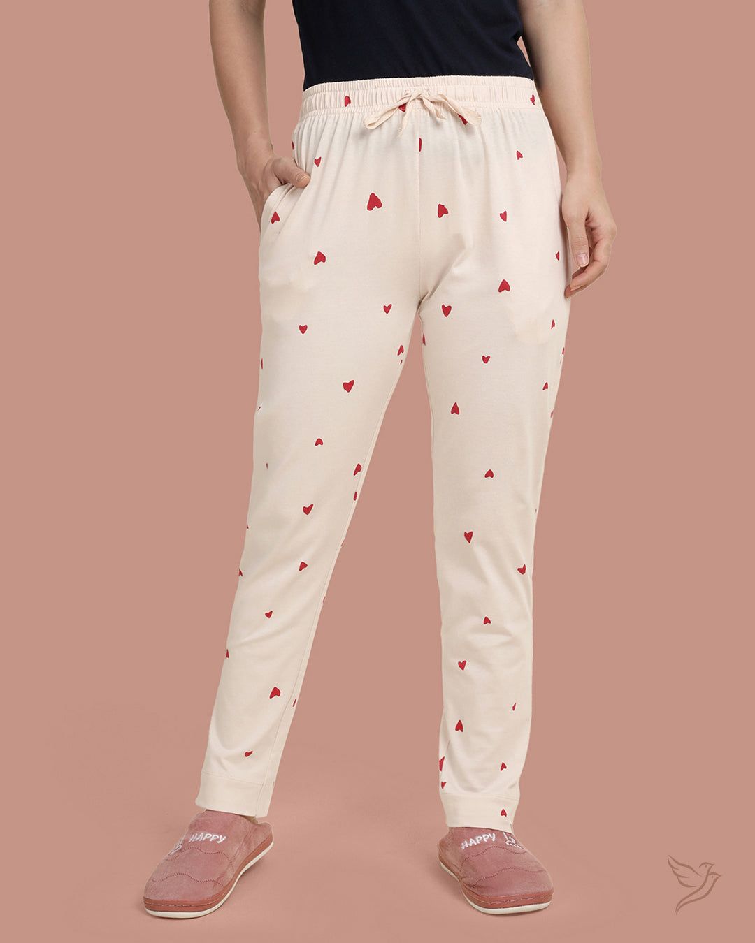 Red Heart Printed Night Pants - Off - white-XS / Shell