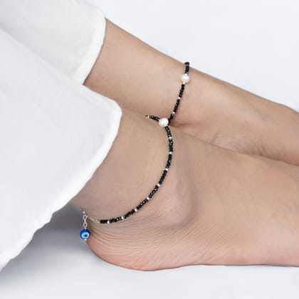 Single Pearl Evil Eye Black Beads Silver Anklets-Single