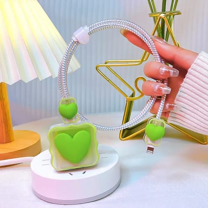 Valente 3D Cartoon Protective Case For Apple 18W/20W Charger with Cable protector-Green Heart