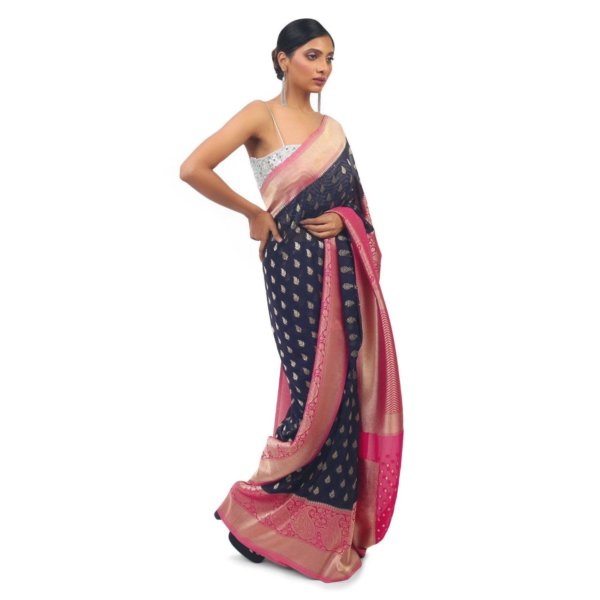 TheHangr Dark Blue Soft Georgette Saree With Contrast Pink Boarder And Pallu