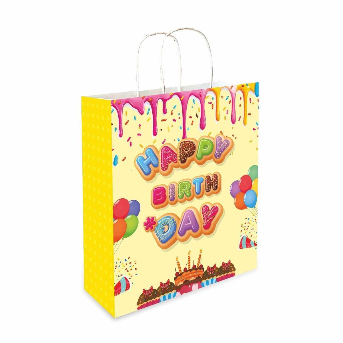 90 GSM Happy Birthday Balloon Theme Printed Attractive Small Party Paper Gift Bags, Ideal For Birthday Return Gifts, Kids Party, & Gifting On Special Occasions (Size:9.4x7.9x3 inch) -  12