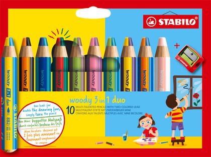 Stabilo | Woody 3 in 1 Duo | Pack of 10 Colors With Sharpener