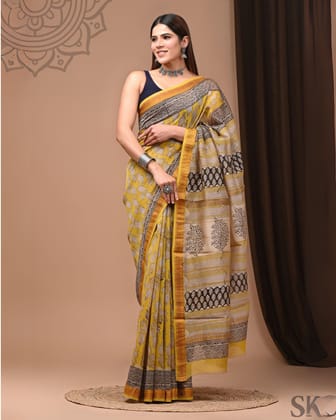 Bright Pure Maheshwari Pure Silk Yellow Saree Blockprint