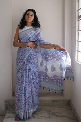 MOORA Whimsical Blue Hand Block Print Mulmul Cotton Bagru Saree with Tassels Length 5.50 Meters Width 45 Inches with Blouse Piece 1 metre