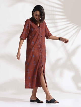 trueBrowns Brown Cotton Print pleated Dress - Brown  (3XL)