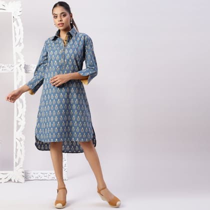 Printed Cotton Shirt Dress-XS