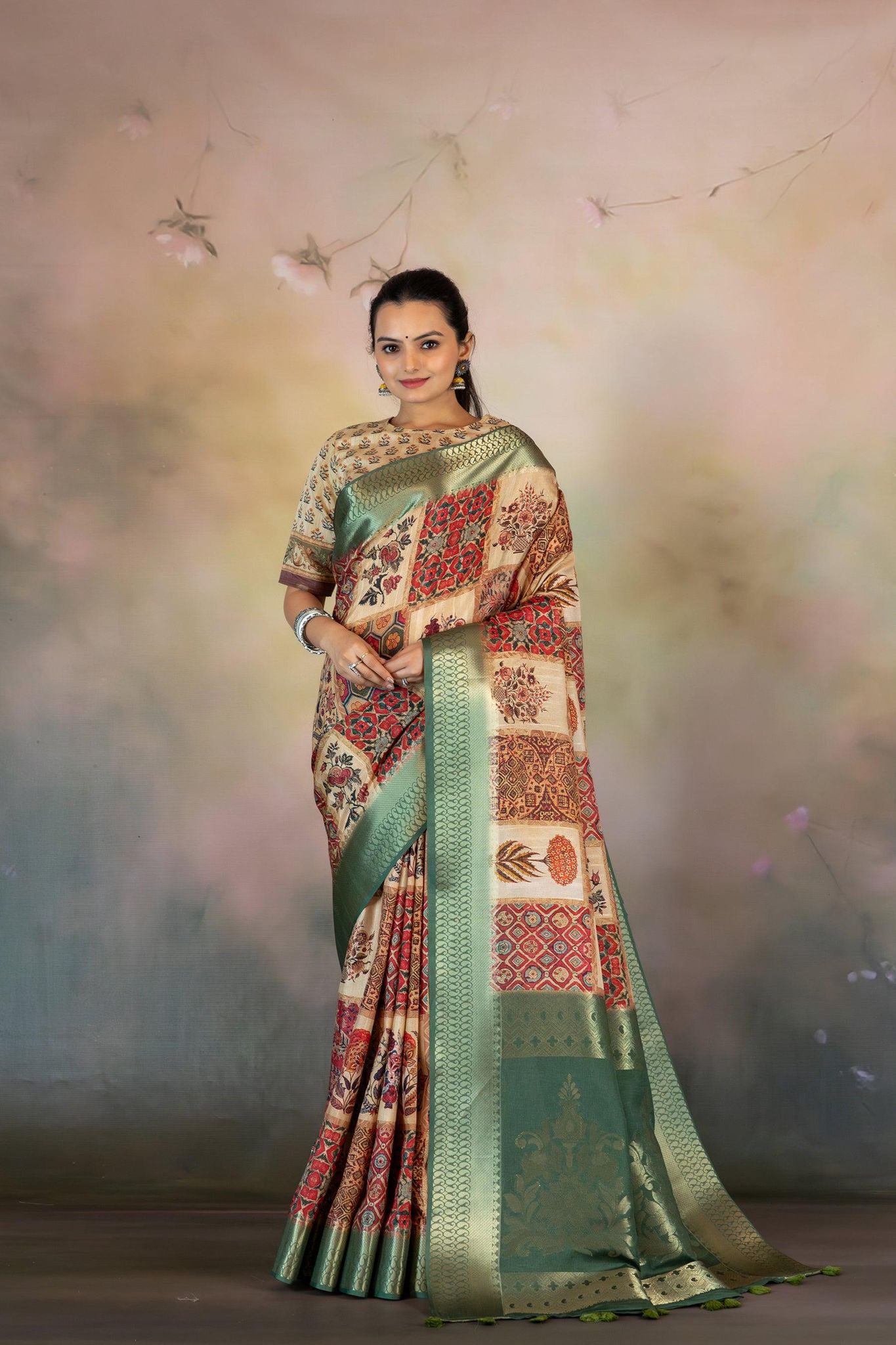 Red Block Print Collage Jacquard Saree