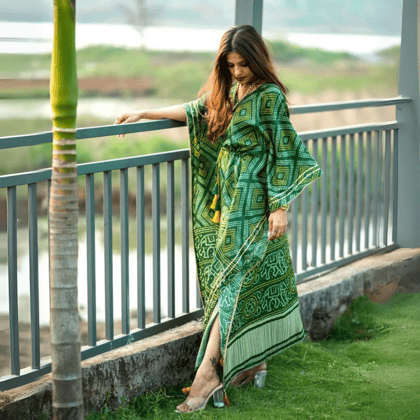 Trendy and Occasionally Bandhani Print Green Kaftan by GlamaStitch-Free Size Up To XXL-44