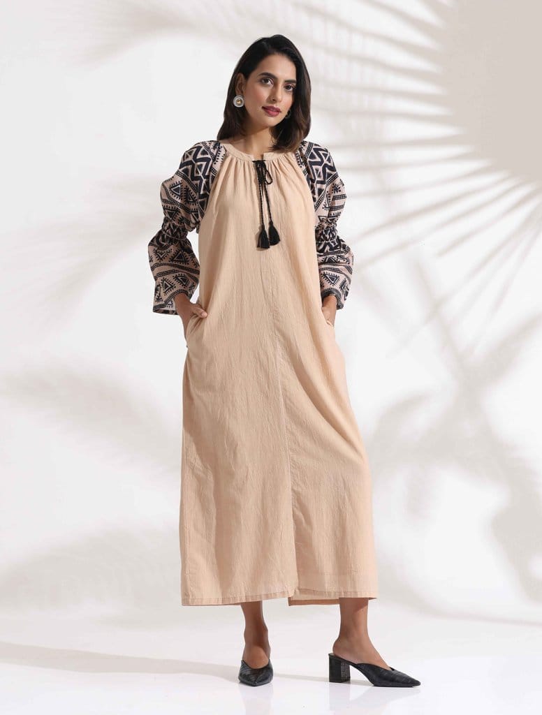 trueBrowns Beige Cotton Print Long Dress - Beige  (XL)