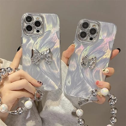 Luxury Silver Butterfly Glitter Camera Protection Lanyard Studded Bumper Border iPhone Case-iPhone 15 Pro / Big Bow With Lanyard