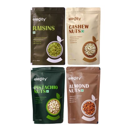 ELEGITY Dry Fruit Combo Pack | California Almonds, Pistachios, W320 Cashew, Green Raisins (500 gm each) | 100% Natural, No Added Preservatives | Nutritious Snacks - Pack of 4 ELEGITY Dry Fruit Combo Pack | California Almonds, Pistachios, W320 Cashew, Green Raisins (500 gm each) | 100% Natural, No Added Preservatives | Nutritious Snacks - Pack of 4