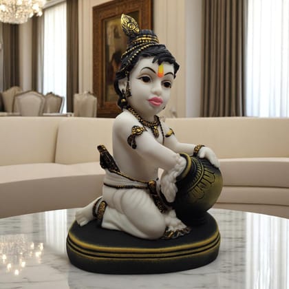 AMS Bal Gopal Makhan Chor Idol � Playful Baby Krishna with Butter Pot Figurine with Peacock Feather Crown, Pristine White Murti Statue for Pooja, Home Decor, Office & Gifting (28x20x15 cm)