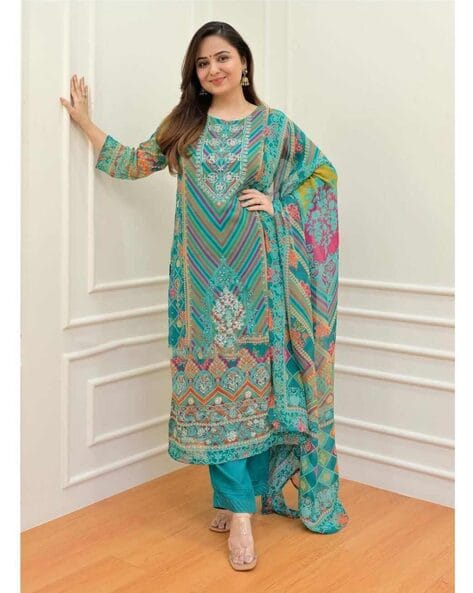 Firoji Colour Muslin Kurta With Bottom & Dupatta Set-M