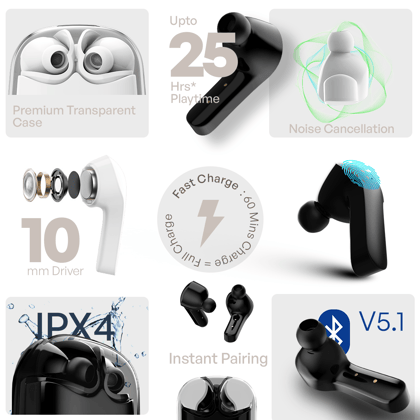 Cellecor BroPods CB07 Waterproof Earbuds With 25 Hours Playtime, ENC, 10mm Driver Bluetooth - Black