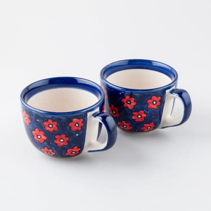 Floral Ceramic Soup Bowl Style Mug Set of 2-4 inches in diameter x 3 inches in height / Blue / Red / Ceramic