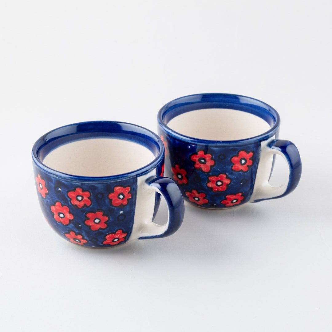 Floral Ceramic Soup Bowl Style Mug Set of 2-4 inches in diameter x 3 inches in height / Blue / Red / Ceramic