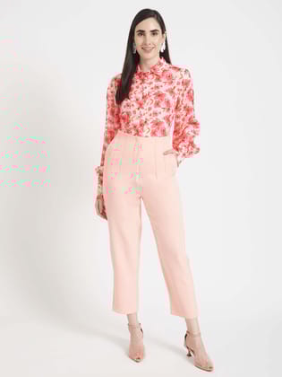 Luxury  Satin Digital Print Puff Sleeve Shirt With Baby Pink Pleated Fit Trouser-M / 28