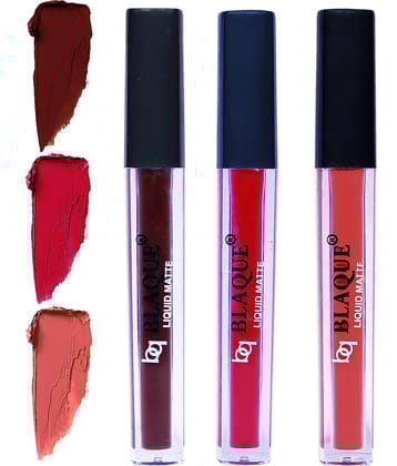 bq BLAQUE Matte Liquid Lipstick Combo of 3 Lip Color 4ml each, Waterproof - Chocolate Mood, Dark Pinkish Red, Dark Coral