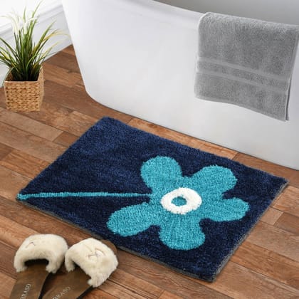 Homecrown Flower Design Cotton Bathmat- (40 X 60Cm, Blue)