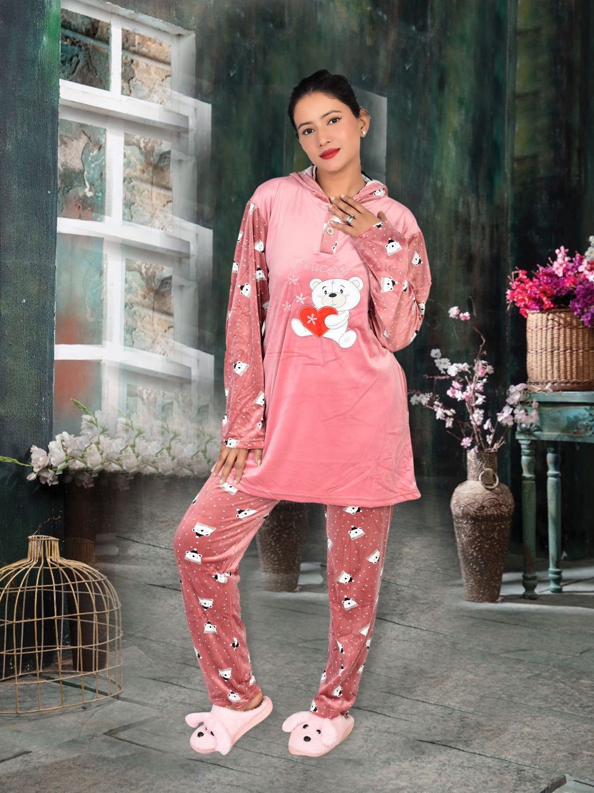 Imported Winter Nightsuite Heavy Stuff Dress for Girls(Pink)-L