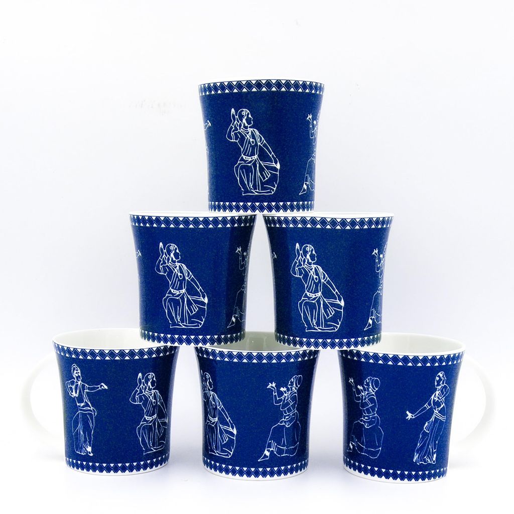 Femora Traditional Dancers Pattern Tea Cups, Ceramic Tea Cups, Coffee Mugs (160 ml) - 6 Pcs Set (Blue)