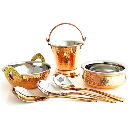 Set of S/C D/W Hammered Handi No.2,Kadhai No.2,Bucket No.1,Serving Spoon x3,6 Pieces