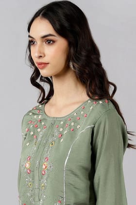 Olive Green Poly Silk Embroidered Straight Suit Set PKSKD1237