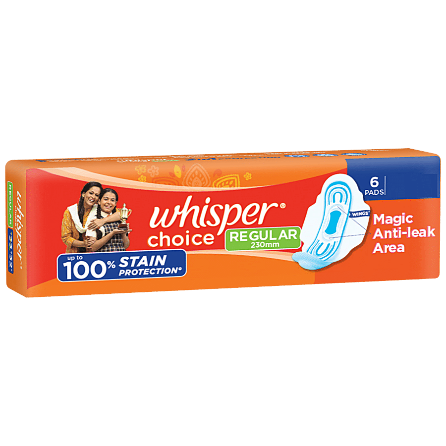 Whisper Choice Sanitary Pads - With Wings, 100% Stain Protection, Regular, 6 Pcs