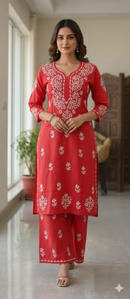 Lucknow Handwork Chikankari 2 Piece Palazzo Set With White Embroidery