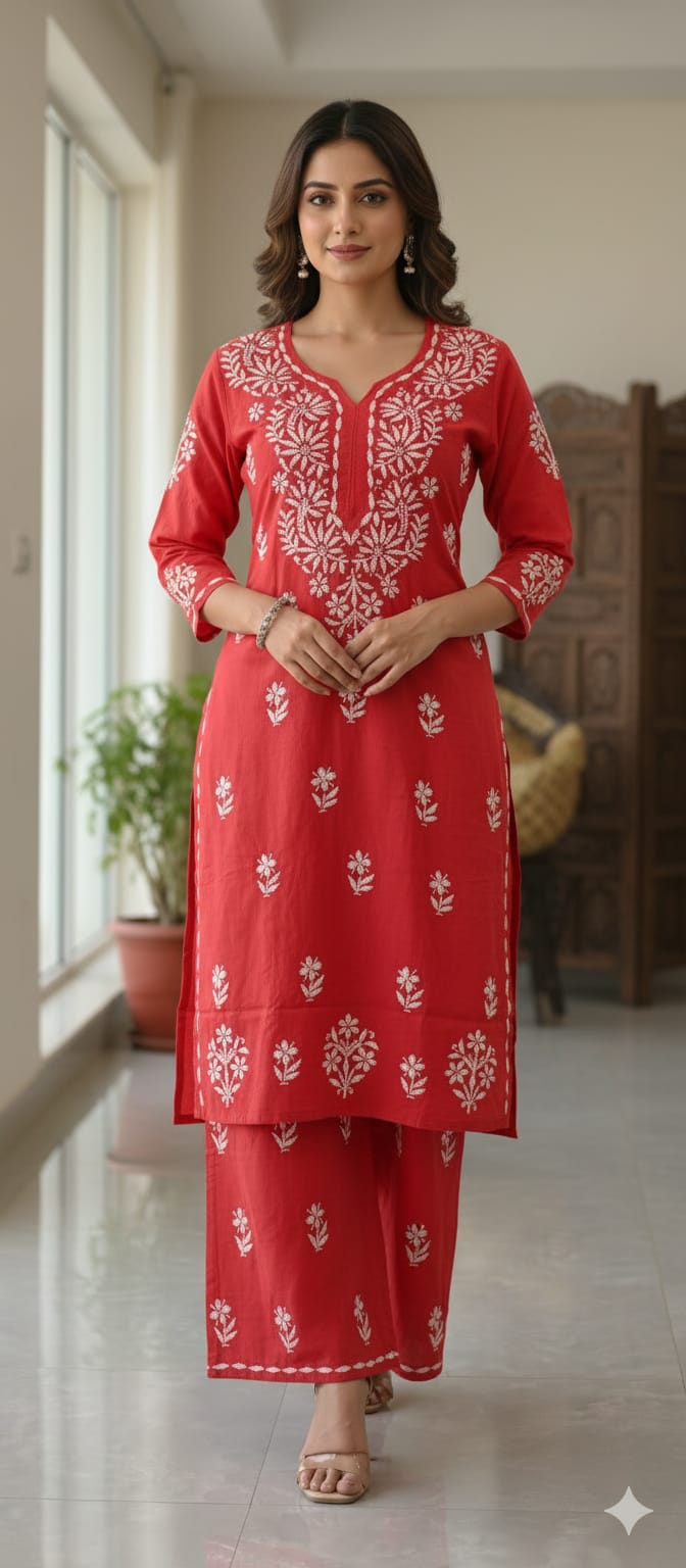 Lucknow Handwork Chikankari 2 Piece Palazzo Set With White Embroidery