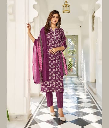VIBE VISION Cotton Blend Printed Kurti With Pants Women's Stitched Salwar Suit - Wine ( Pack of 1 )