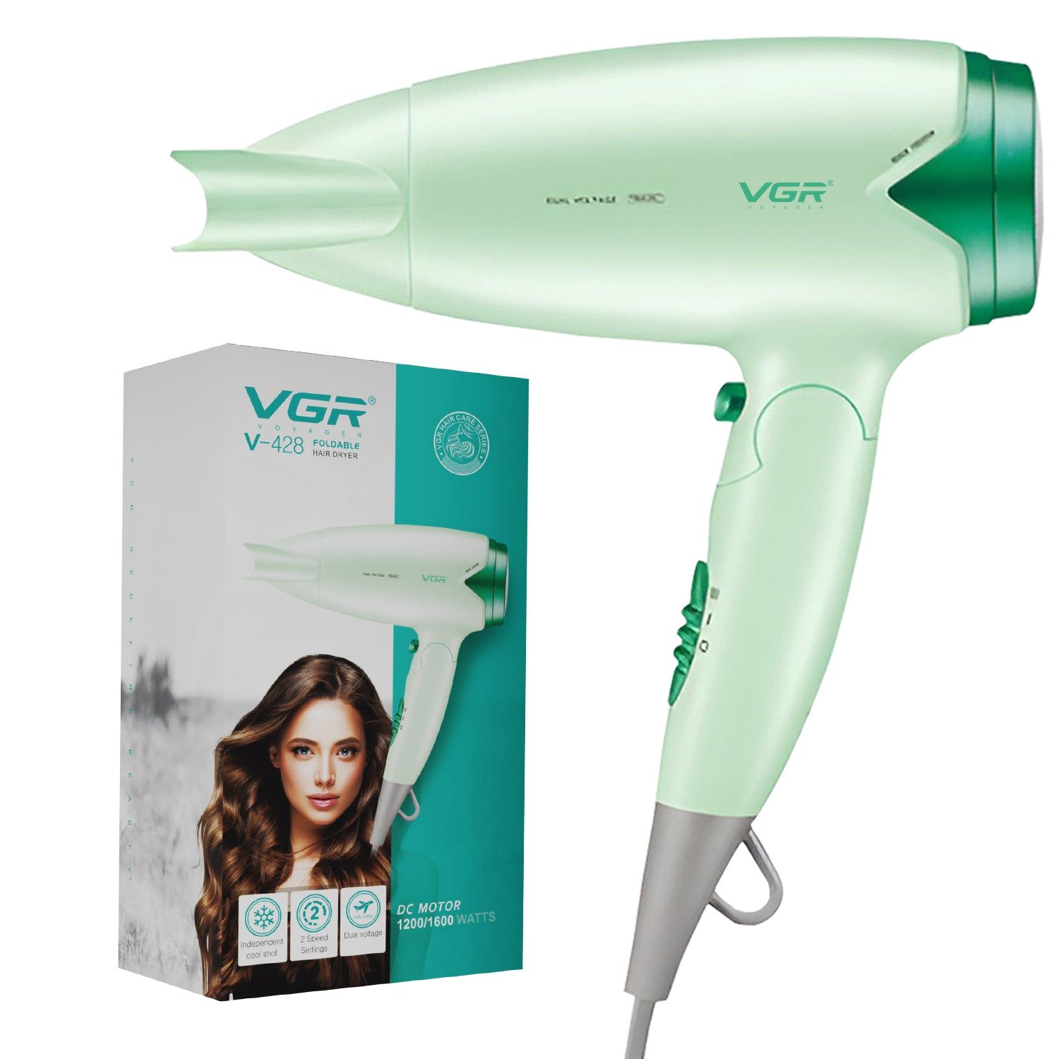 VGR V-428 Foldable Hair Dryer, 1200/1600W DC Motor, Dual Voltage, 2 Speed Settings, Travel-Friendly (Pink) VGR V-428 Foldable Hair Dryer, 1200/1600W DC Motor, Dual Voltage, 2 Speed Settings, Travel-Friendly (Pink) - Green