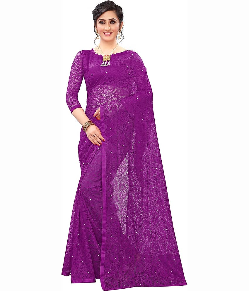 Indy Bliss Net Saree With Unstitched Blouse Piece ( Purple )