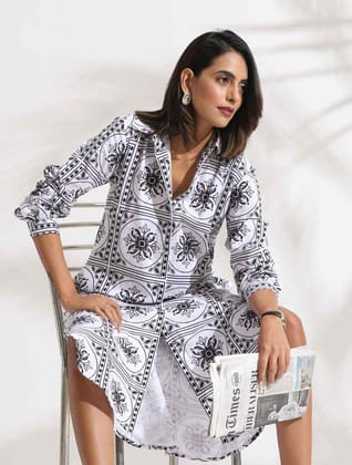 trueBrowns White Cotton Print Shirt Dress - White  (L)