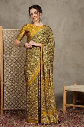 Yellow Ajrak Crepe Block Print Sarees