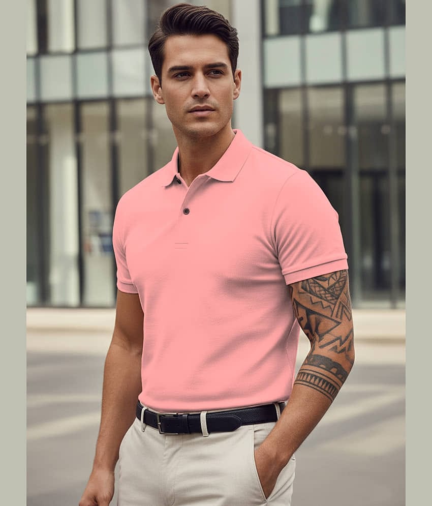 Leotude Men Cotton Blend Regular Fit Solid Polo T Shirt ( Pink )