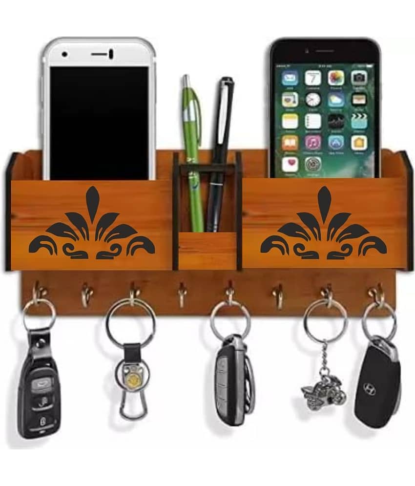 Big Boss Enterprises Flower with 2 Pocket Mobile Holder, Pen Stand Wood Key Holder Stand (8 Hooks, Brown)