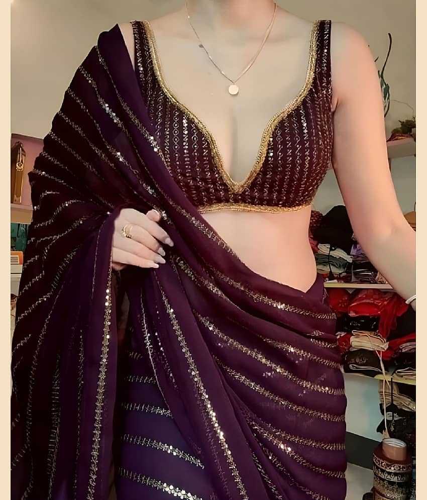 Aika Georgette Embroidered Saree With Unstitched Blouse Piece ( Wine )