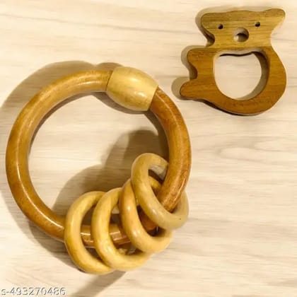 Natural Neem Wood Ring Rattle with Bear-Shaped Teether  Organic & Safe Baby Toy 100% Natural Neem Wood