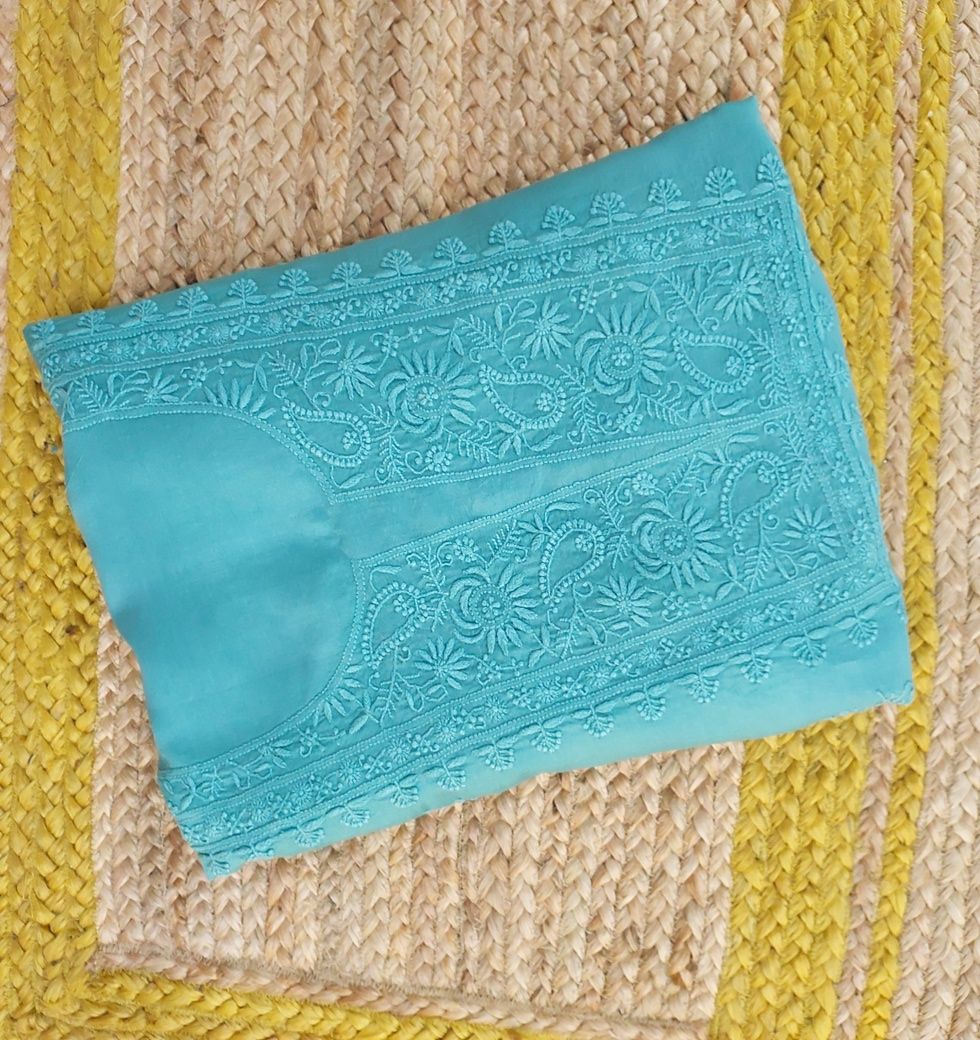 Pure Chanderi Hand-Embroidered Chikankari Suit | Blue
