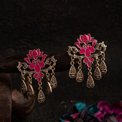 Gold Plated Lotus Designed Enamel Artwork Fashion Antique Earring- AER 1569