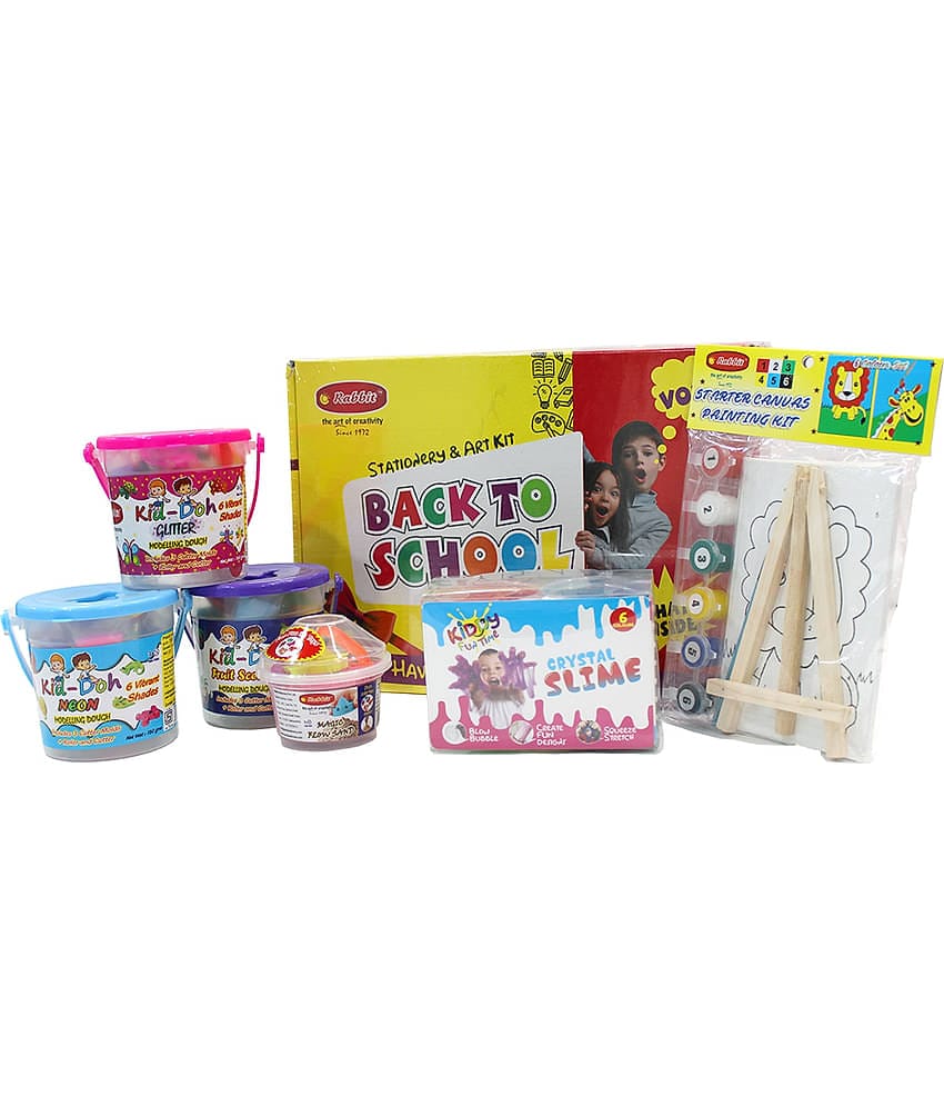 Rabbit Back To School Starter Kit+ Kiddy Crystal Slime pack of 6+ Kid Doh Fruit Scented+Kid Doh Neon+ Kid Doh Glitter+ Starter Canvas Kit 4*6+ Play Sand 100g| Stationery and Art Kit for Kids
