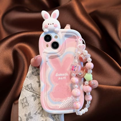 Cute Bunny Moving Pearls Glitter Cover (with Lanyard)-iPhone 13/14