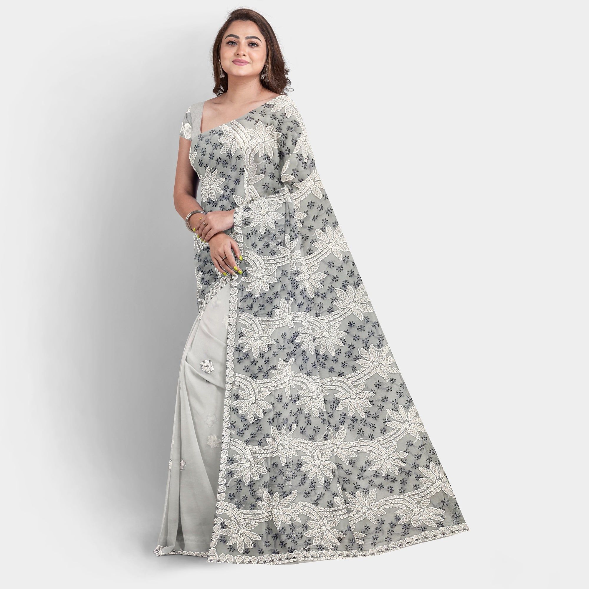 TheHangr Dual Thread Hand Embroidered Grey Georgette Lucknowi Chikankari Saree With Blouse