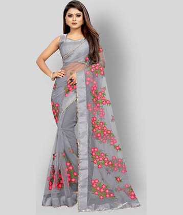 Gazal Fashions Net Printed Saree With Unstitched Blouse Piece ( Light Grey )