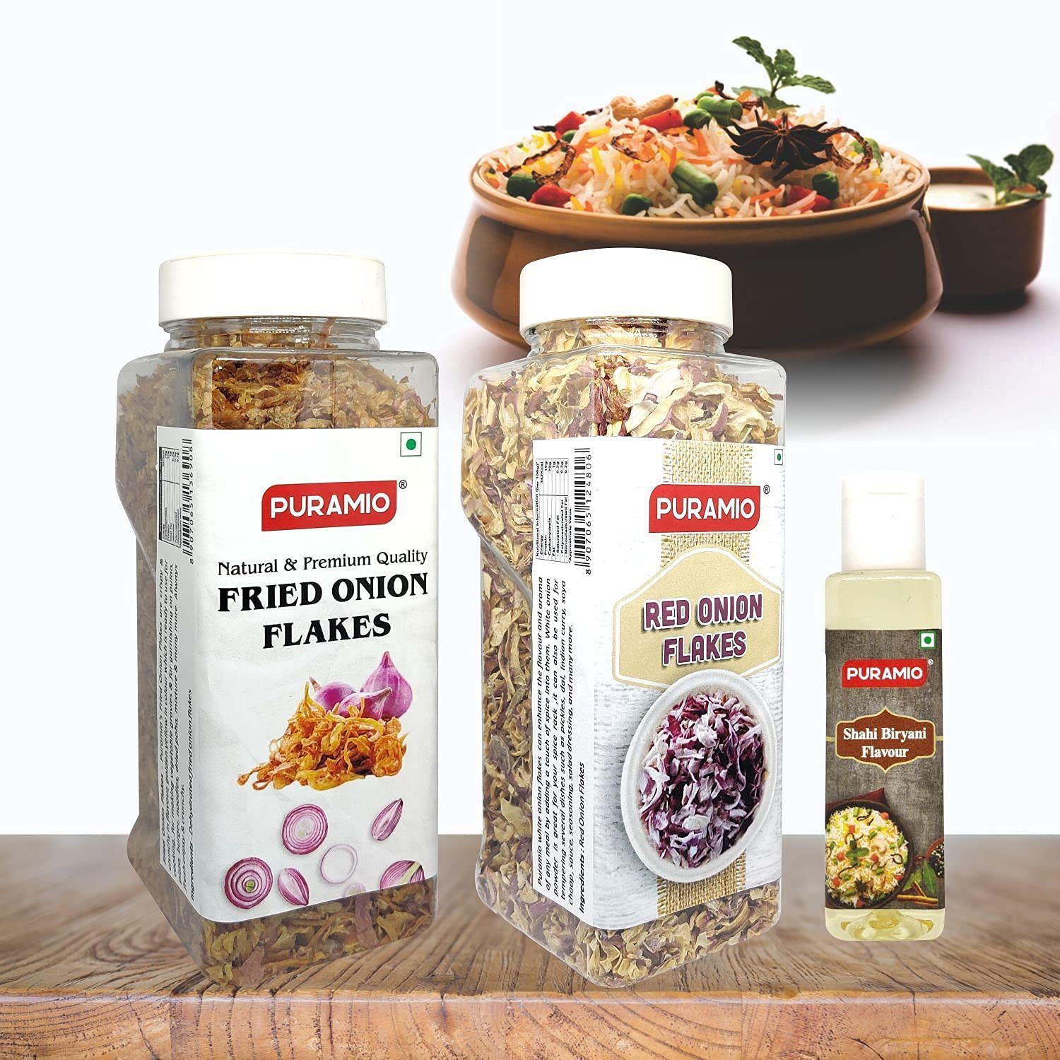 Puramio Biryani Combo Pack - Fried Onion Flakes, 250 gm, Red Onion Flakes, 200 gm & Shahi Biryani Flavour, 50 ml