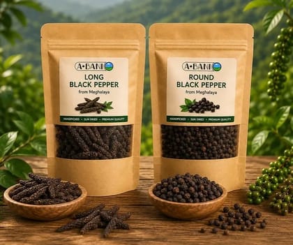 ABANI Farms Premium Meghalaya Pepper Combo | Long Black Pepper (50g) + Round Black Pepper (50g)