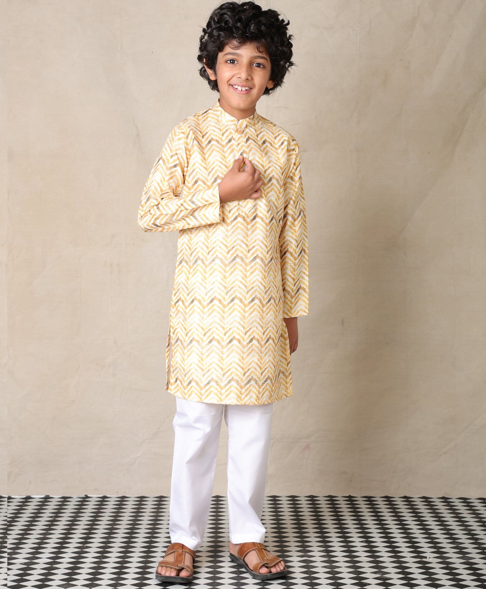 YELLOW PRINTED THREAD EMBROIDERED PURE COTTON KURTA WITH WHITE COTTON PAJAMA - SET OF 2-2-3 YEARS / 2N / YELLOW/WHITE