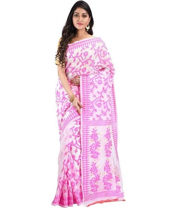 Desh Bidesh Jamdani Saree With Unstitched Blouse Piece ( Pink,White )