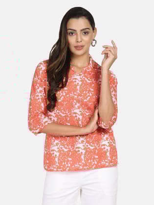 Printed Cotton Top -  Orange &. White-M